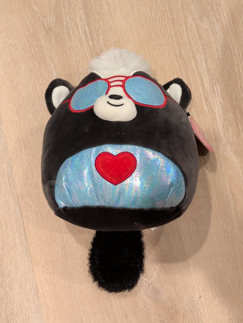 Squishmallows Black Raccoon with Shiny Blue Belly and Red Heart
